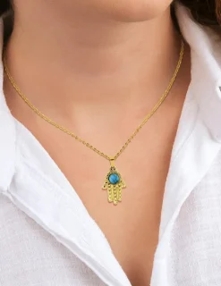 Collier acier doré pendentif main de Fatma, turquoise SO OR