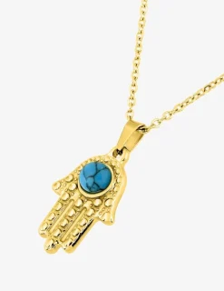 Collier acier doré pendentif main de Fatma, turquoise SO OR