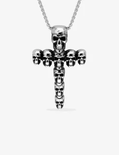 Collier acier têtes de mort en croix et maille fantaisie SO OR