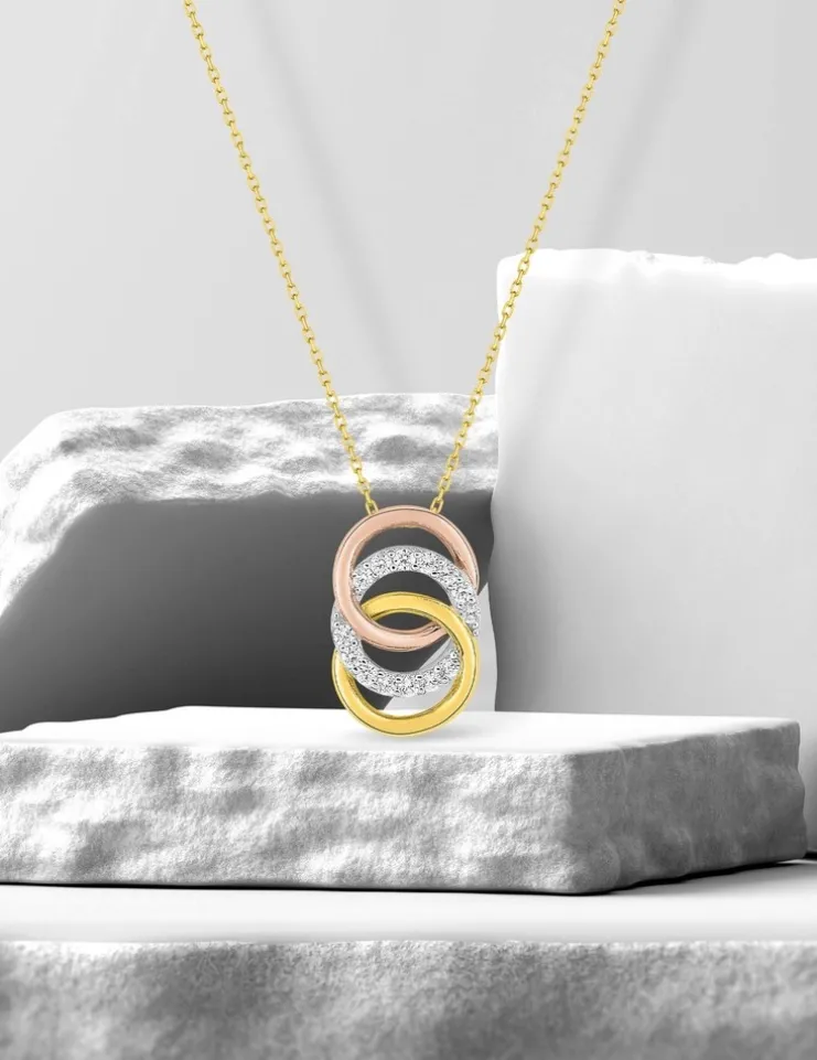 Collier cercles tricolores et oxydes de zirconium en or jaune 375 ‰ SO OR