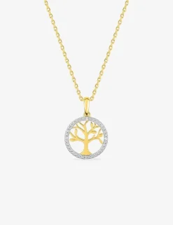 Collier chaîne forçat motif arbre de vie plaqué or et cercle oxydes de zirconium sur rhodium SO OR