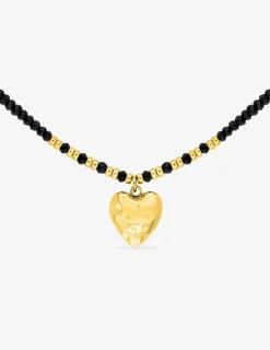 Collier cœur acier doré, boules de verre noires et dorées SO OR
