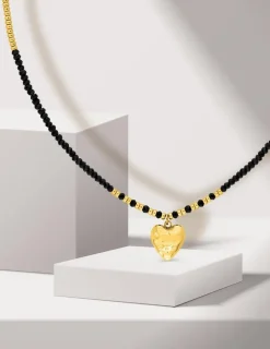 Collier cœur acier doré, boules de verre noires et dorées SO OR