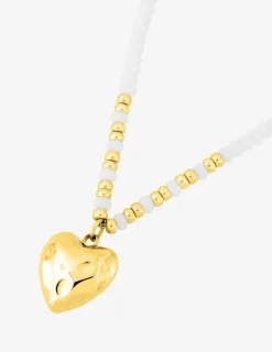 Collier cœur acier doré, boules de verre blanches et dorées SO OR