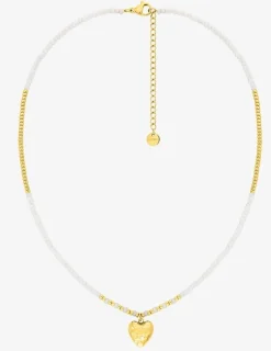 Collier cœur acier doré, boules de verre blanches et dorées SO OR