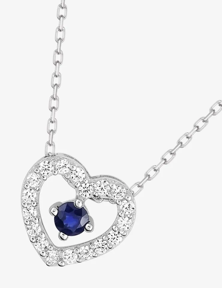 Collier cœur or blanc 375‰, saphir et oxyde de zirconium SO OR