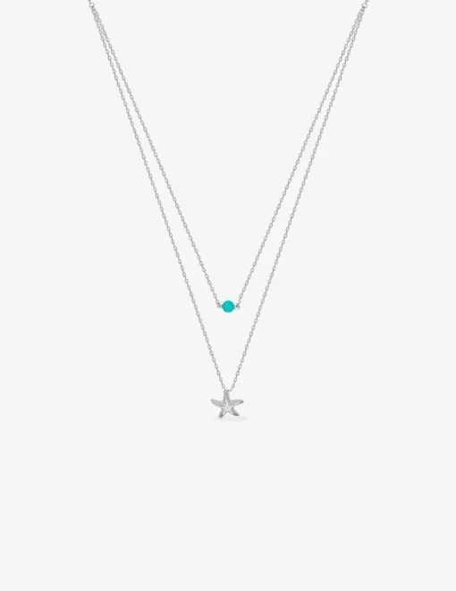 Collier double chaîne turquoise argent 925 ‰ rhodié SO OR