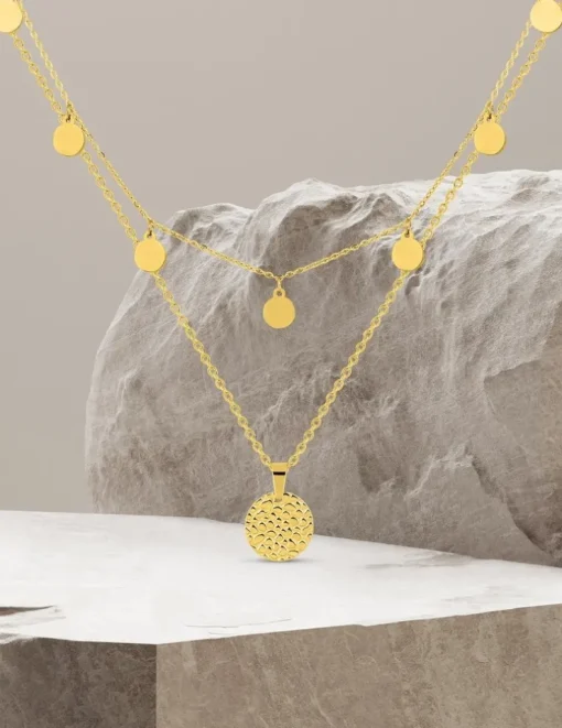 Collier double rangs et pendentif en acier doré SO OR