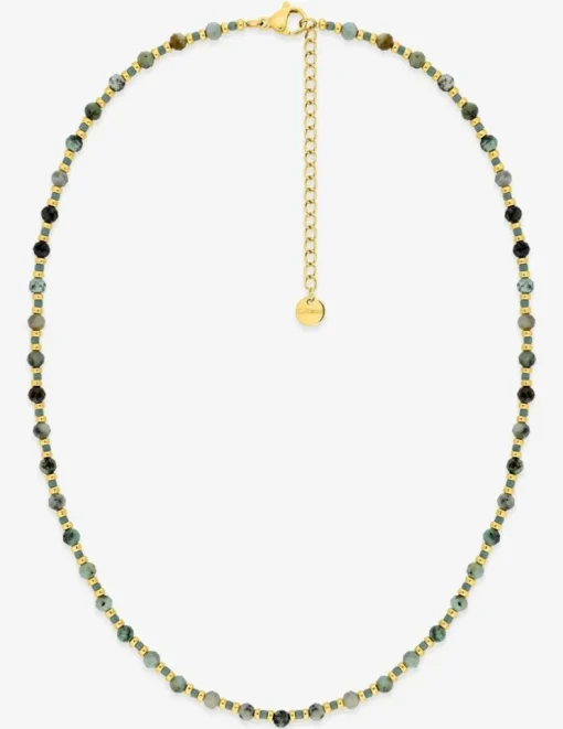 Collier en acier doré, turquoise et boule de verre verte SO OR