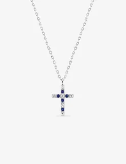 Collier en argent gris rhodié 925‰ motif croix sur bélière oxyde bleu et blanc SO OR