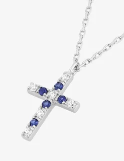 Collier en argent gris rhodié 925‰ motif croix sur bélière oxyde bleu et blanc SO OR