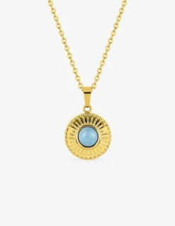 Collier fantaisie acier doré, chaine forçat et pendentif cristal bleu synthétique SO OR