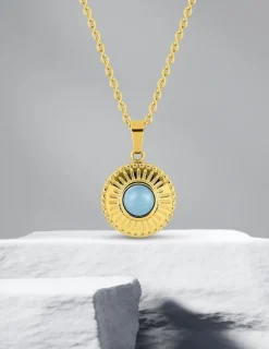 Collier fantaisie acier doré, chaine forçat et pendentif cristal bleu synthétique SO OR