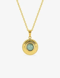Collier fantaisie acier doré, chaine forçat et pendentif jade verte synthétique SO OR
