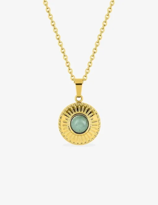 Collier fantaisie acier doré, chaine forçat et pendentif jade verte synthétique SO OR