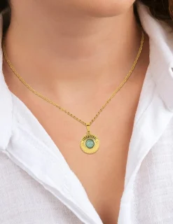 Collier fantaisie acier doré, chaine forçat et pendentif jade verte synthétique SO OR