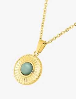 Collier fantaisie acier doré, chaine forçat et pendentif jade verte synthétique SO OR