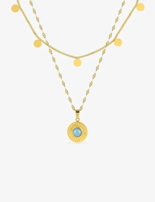 Collier fantaisie double, acier doré, motif pendants et cristal bleu synthétique SO OR