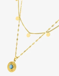 Collier fantaisie double, acier doré, motif pendants et cristal bleu synthétique SO OR