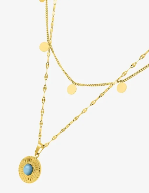 Collier fantaisie double, acier doré, motif pendants et cristal bleu synthétique SO OR