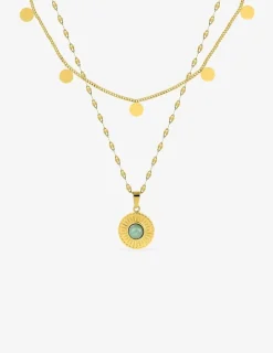 Collier fantaisie double, acier doré, motif pendants et jade verte synthétique SO OR