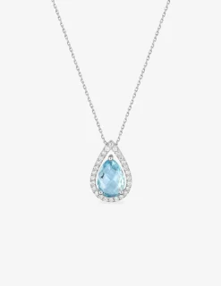 Collier or blanc 375‰, oxydes de zirconium et topaze bleue poire SO OR