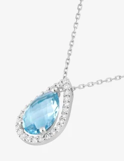 Collier or blanc 375‰, oxydes de zirconium et topaze bleue poire SO OR