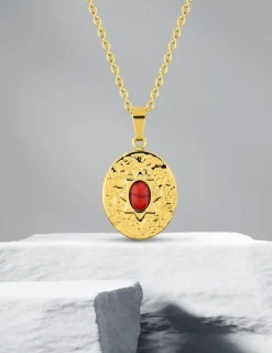 Collier pendentif 45 cm, acier doré, turquoise rouge synthétique SO OR