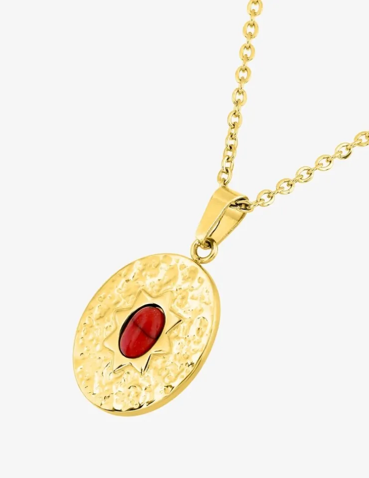 Collier pendentif 45 cm, acier doré, turquoise rouge synthétique SO OR