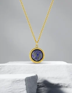 Collier pendentif acier doré motif et lapis-lazuli bleu SO OR