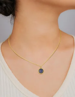 Collier pendentif acier doré motif et lapis-lazuli bleu SO OR