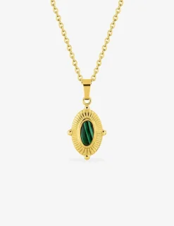 Collier pendentif acier doré, motif ovale et malachite synthétique SO OR