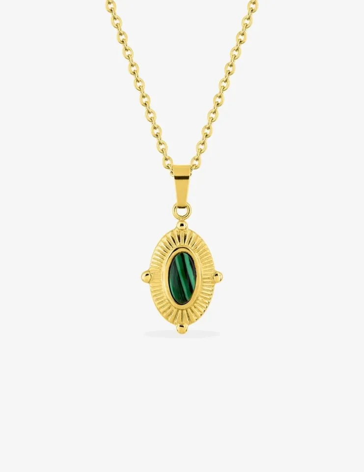 Collier pendentif acier doré, motif ovale et malachite synthétique SO OR