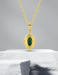 Collier pendentif acier doré, motif ovale et malachite synthétique SO OR