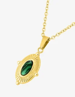 Collier pendentif acier doré, motif ovale et malachite synthétique SO OR