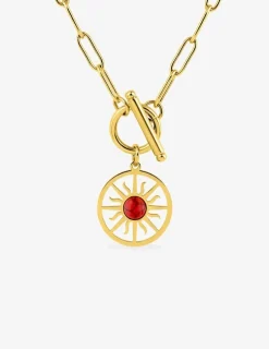 Collier pendentif acier doré, turquoise rouge synthétique et fermoir barrette SO OR