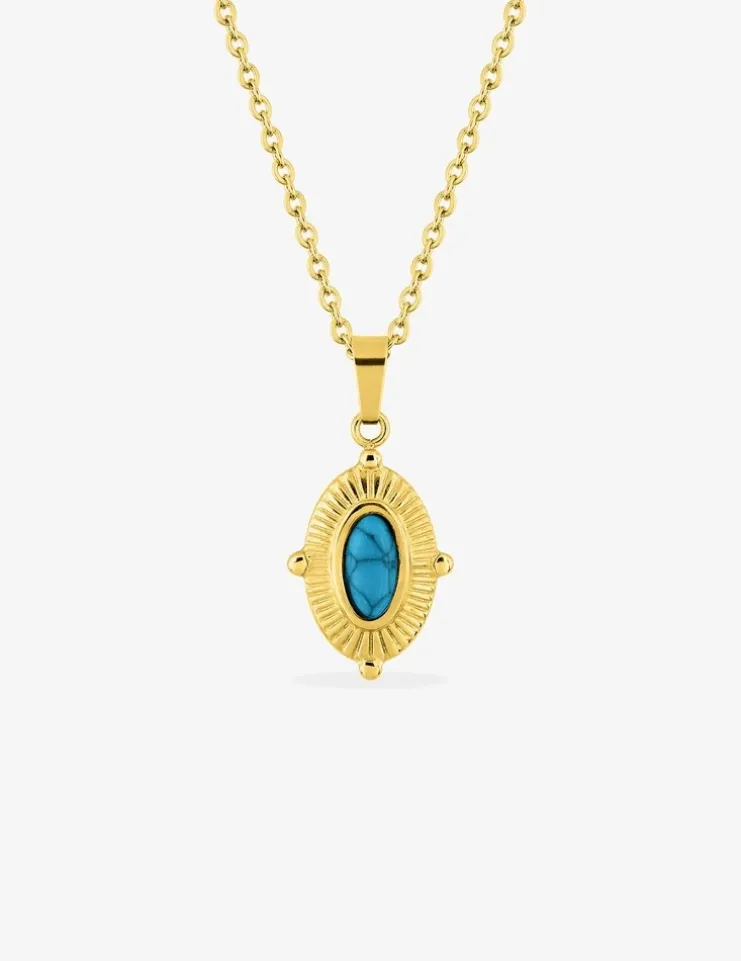 Collier pendentif acier doré, motif ovale et turquoise synthétique SO OR