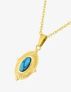 Collier pendentif acier doré, motif ovale et turquoise synthétique SO OR