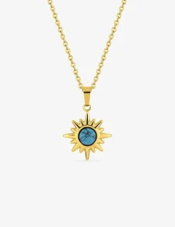 Collier pendentif acier doré, chaine forçat et turquoise bleu synthétique SO OR