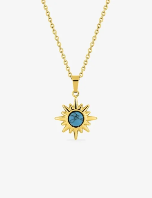 Collier pendentif acier doré, chaine forçat et turquoise bleu synthétique SO OR