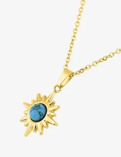 Collier pendentif acier doré, chaine forçat et turquoise bleu synthétique SO OR
