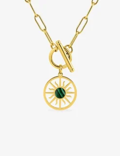 Collier pendentif acier doré, malachite synthétique et fermoir barrette SO OR