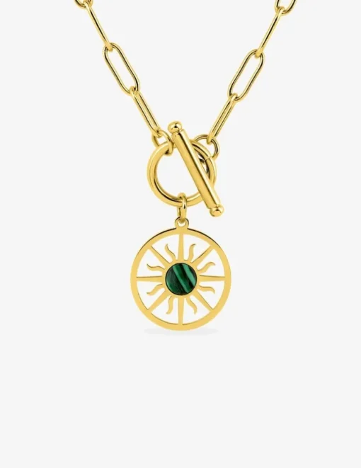 Collier pendentif acier doré, malachite synthétique et fermoir barrette SO OR