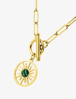 Collier pendentif acier doré, malachite synthétique et fermoir barrette SO OR