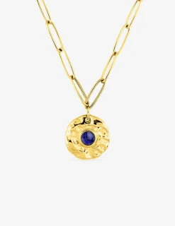 Collier pendentif acier doré et lapis-lazuli bleu, chaine alternée SO OR