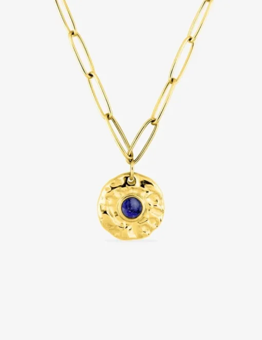Collier pendentif acier doré et lapis-lazuli bleu, chaine alternée SO OR