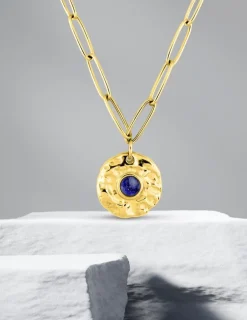 Collier pendentif acier doré et lapis-lazuli bleu, chaine alternée SO OR