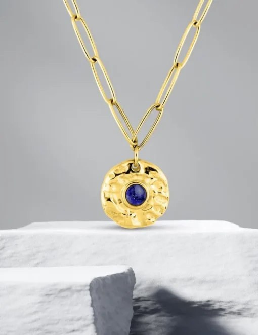 Collier pendentif acier doré et lapis-lazuli bleu, chaine alternée SO OR