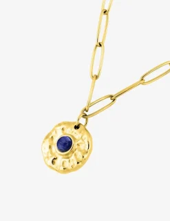 Collier pendentif acier doré et lapis-lazuli bleu, chaine alternée SO OR