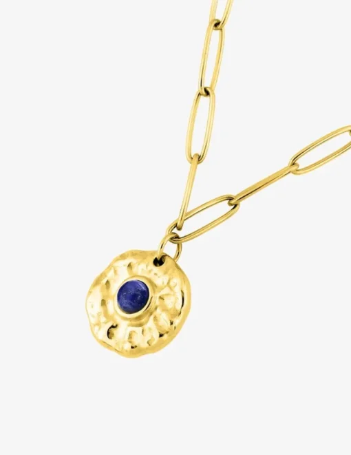 Collier pendentif acier doré et lapis-lazuli bleu, chaine alternée SO OR